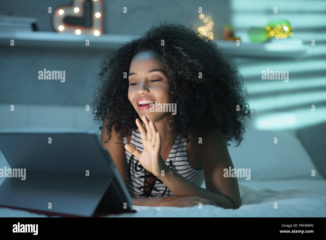 Black Woman Using Webcam And PC For Video Chat Stock Photo