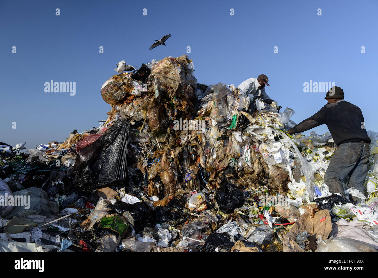 Pickers sort through a mound of plastic at the Robinson Deep landfill in South Africa's commercial capital of Johannesburg Stock Photo