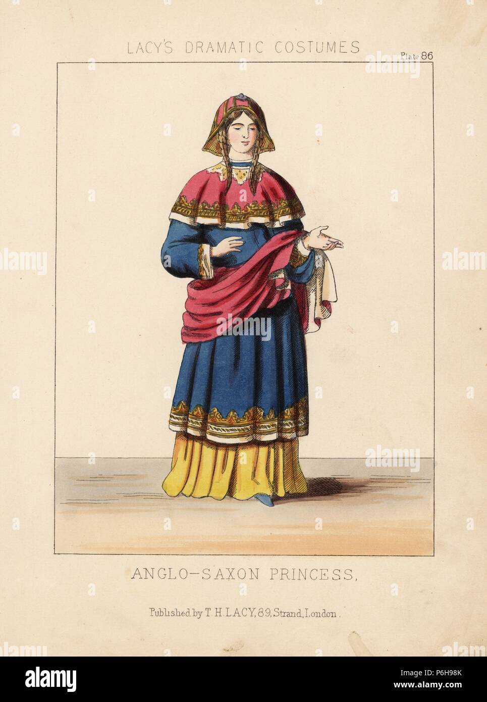 Costume of an Anglo-Saxon princess. Handcoloured lithograph from Thomas Hailes Lacy's 'Female Costumes Historical, National and Dramatic in 200 Plates,' London, 1865. Lacy (1809-1873) was a British actor, playwright, theatrical manager and publisher. Stock Photo