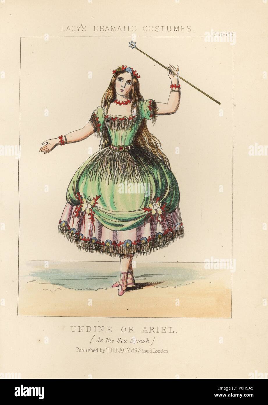 Undine or Ariel, Sea Nymph, Victorian stage costume. She wears a green dress  over a pink petticoat, all decorated with sea shells, coral and seaweed,  holds a wand with seastar. Handcoloured lithograph