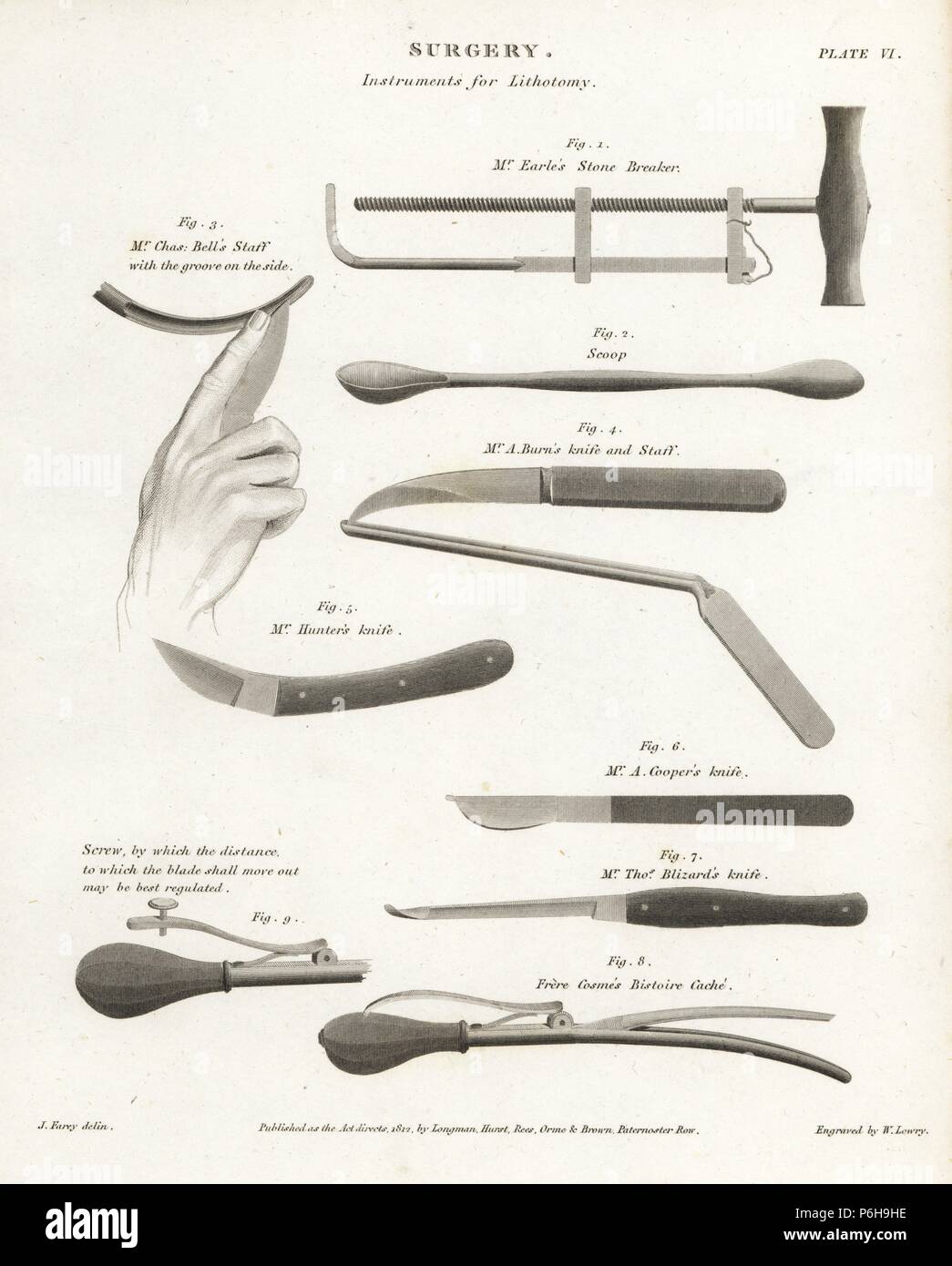 Surgical equipment for a lithotomy: Mr. Earle's stone breaker, Mr. Charles Bell's staff, scoop, Mr. A. Burns' knife and staff, Mr. Hunter's knife, Mr. A. Cooper's knife, screw, Mr. Thomas Blizard's knife, and Frere Cosme's bistoire cache from the 19th century. Copperplate engraving by Wilson Lowry after an illustration by J. Farey from Abraham Rees' 'Cyclopedia or Universal Dictionary,' London, 1812. Stock Photo