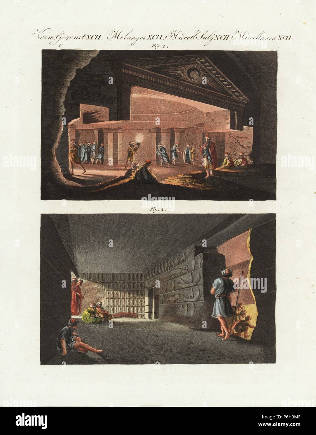The Egyptian catacombs in Alexandria 1, and room with wall paintings under the pyramid of Giza 2. Handcoloured copperplate engraving from Bertuch's 'Bilderbuch fur Kinder' (Picture Book for Children), Weimar, 1807. Friedrich Johann Bertuch (1747-1822) was a German publisher and man of arts most famous for his 12-volume encyclopedia for children illustrated with 1,200 engraved plates on natural history, science, costume, mythology, etc., published from 1790-1830. Stock Photo