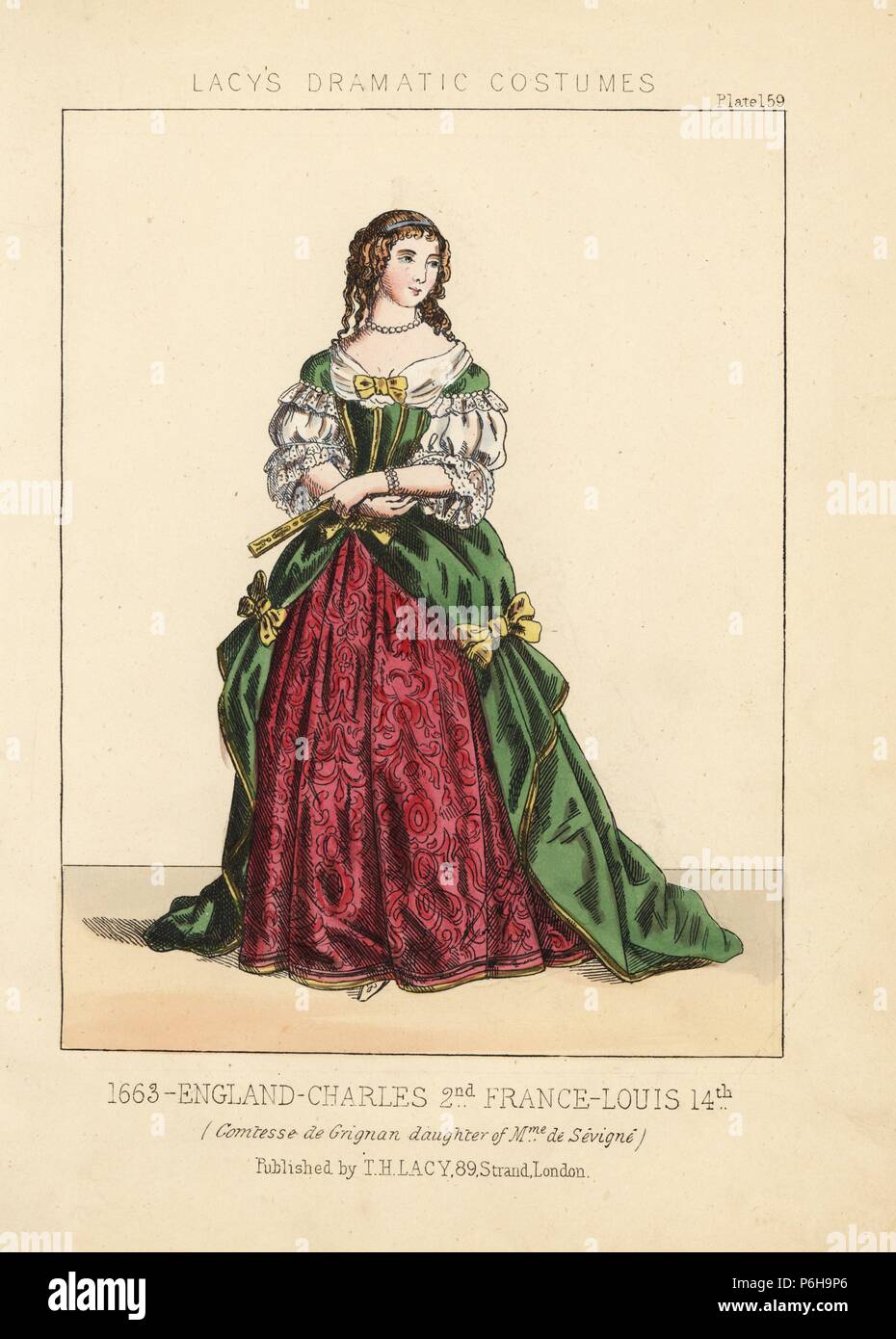 Francoise-Marguerite de Sevigne, Countess of Grignan, daughter of Madame de Sevigne, reign of King Charles II, circa 1663. Handcoloured lithograph from Thomas Hailes Lacy's 'Female Costumes Historical, National and Dramatic in 200 Plates,' London, 1865. Lacy (1809-1873) was a British actor, playwright, theatrical manager and publisher. Stock Photo