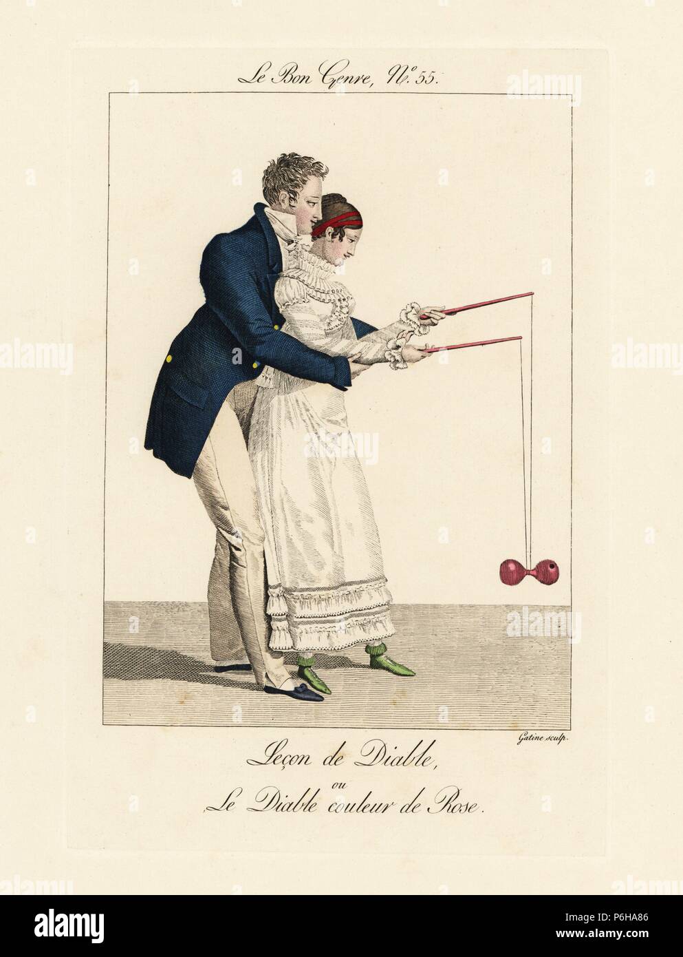 A young fashionable man shows a girl how to play with a Diabolo (Chinese  yo-yo). "Expertise on the Diabolo is now indispensable. A father who wants  to raise his children properly has