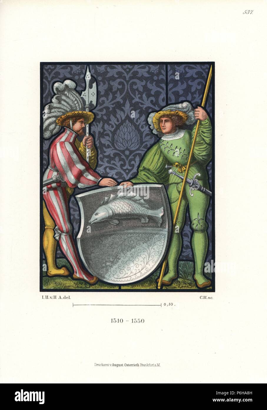 Two Swiss knights in battle garb holding a heraldic shield with image of a fish, halberd and lance, 1510-1550. They wear quilted doublets, breeches, stockings, codpiece and garters. From a stained glass in Nilkheim bei Aschaffenburg. Chromolithograph from Hefner-Alteneck's 'Costumes, Artworks and Appliances from the Middle Ages to the 17th Century,' Frankfurt, 1889. Illustration by Dr. Jakob Heinrich von Hefner-Alteneck, lithographed by C. Regnier. Dr. Hefner-Alteneck (1811-1903) was a German museum curator, archaeologist, art historian, illustrator and etcher. Stock Photo
