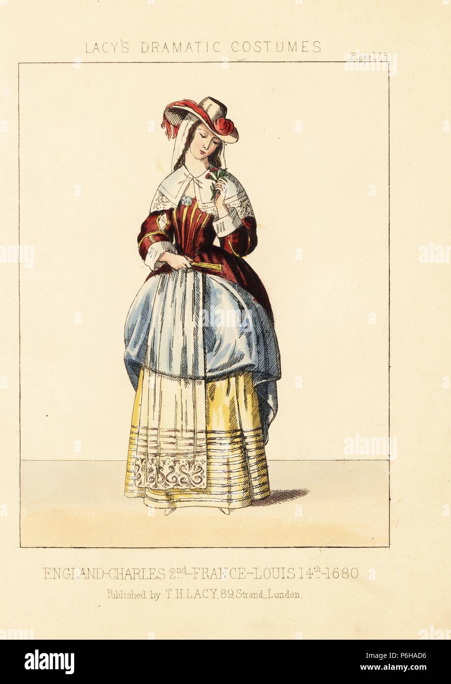 Costume of a lady, reign of King Charles II, England, 1680. She wears a hat  over veil, lace collar, velvet robe with skirts tied up to reveal lace  apron and petticoats. Handcoloured