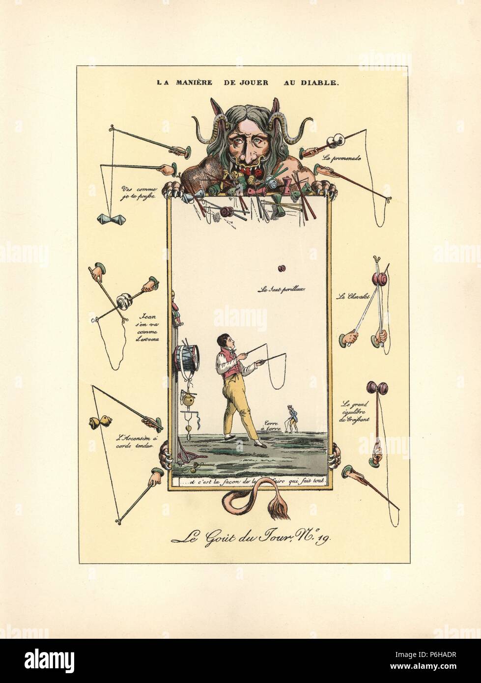 How to play the game of diabolo or Chinese yo-yo, 1814. Guide to tricks with the diabolo on a picture held by a horned demon. Handcoloured lithograph from Henry Rene Allemagne's Sports and Games of Skill (Sports et Jeux d'Adresse), Librairie Hachette, Paris, 1903. Stock Photo