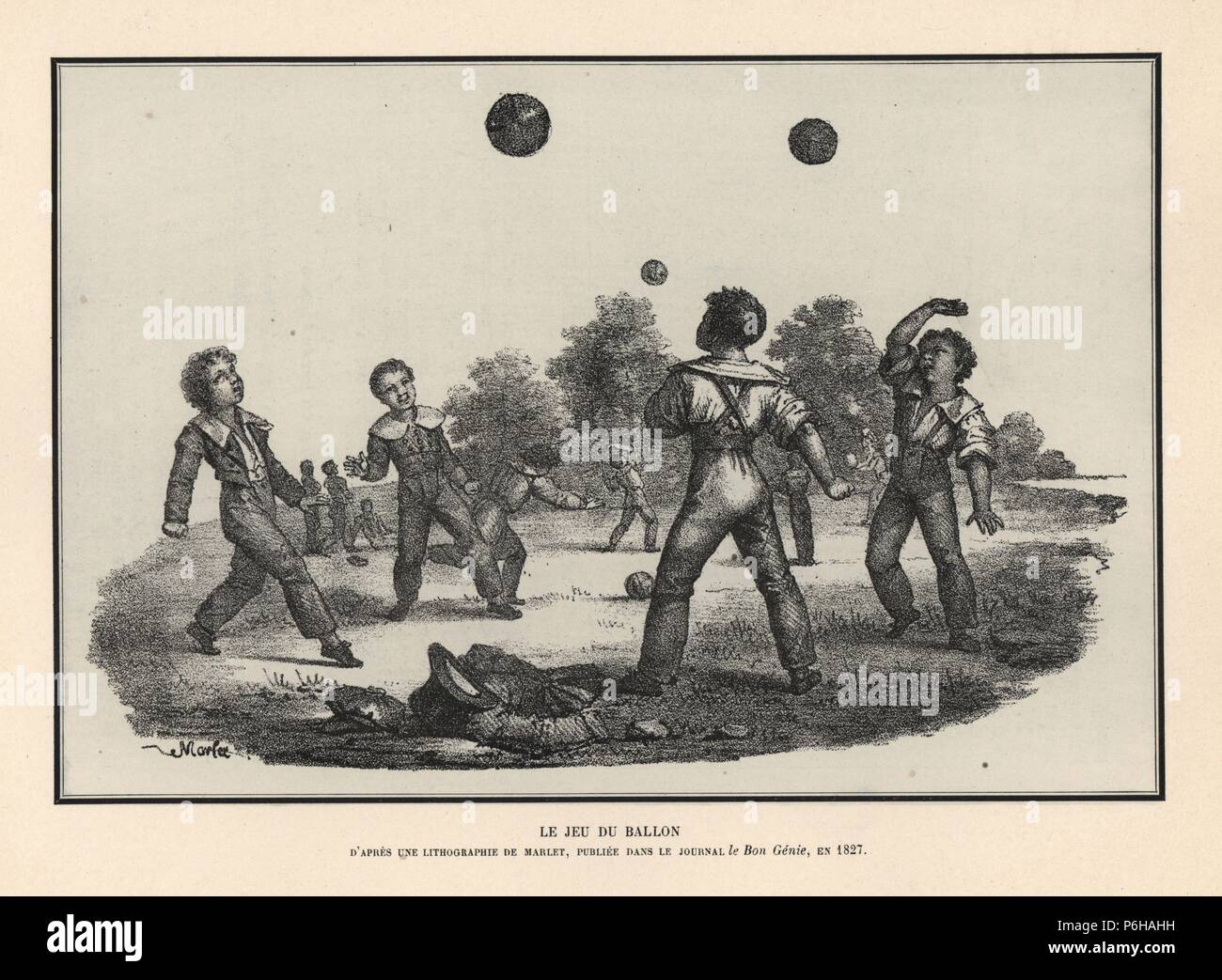 Boys playing ball games (handball and football) in a park. From a print by Jean-Henri Marlet in Le Bon Genie, 1827. Lithograph from Henry Rene Allemagne's Sports and Games of Skill (Sports et Jeux d'Adresse), Librairie Hachette, Paris, 1903. Stock Photo