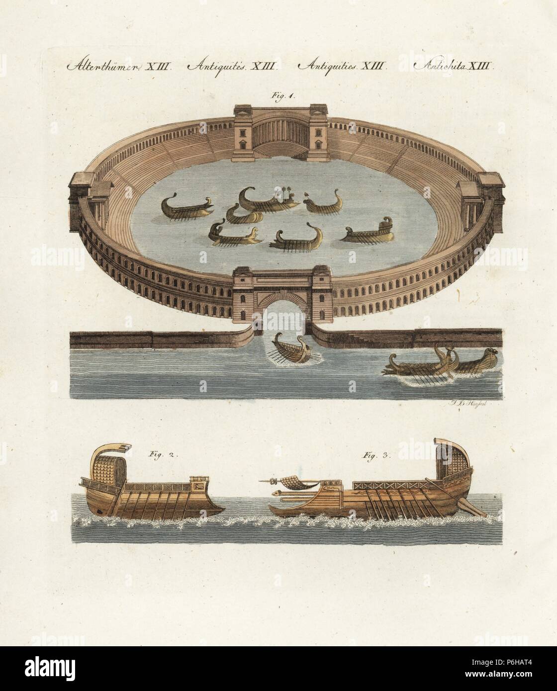 Ancient Roman naumachia with reenactment of famous sea battle in an ampitheatre between naval fleets of condemned prisoners 1. Galley with single row of oars 2, and bireme warship with two rows of oars 3. Handcoloured copperplate engraving by J.B. Hoessel from Friedrich Johann Bertuch's Bilderbuch fur Kinder (Picture Book for Children), Weimar, 1802. Stock Photo