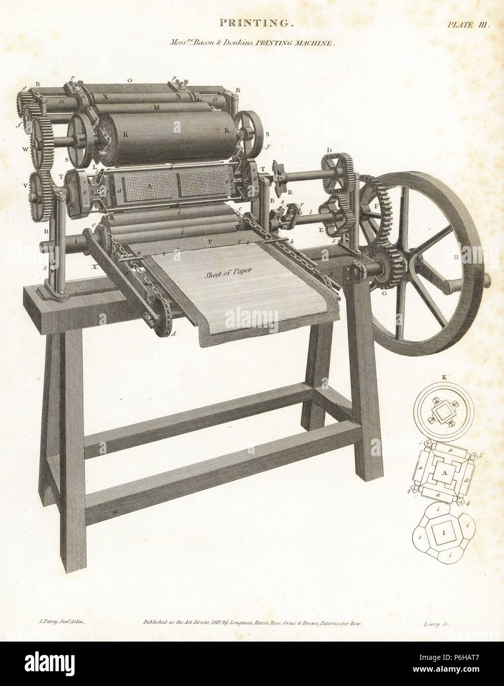 First rotary press printing machine patented by printer Richard Bacon and engineer Bryan Donkin, 1813. Copperplate engraving by Wilson Lowry after an illustration by J. Farey from Abraham Rees' 'Cyclopedia or Universal Dictionary,' London, 1816. Stock Photo