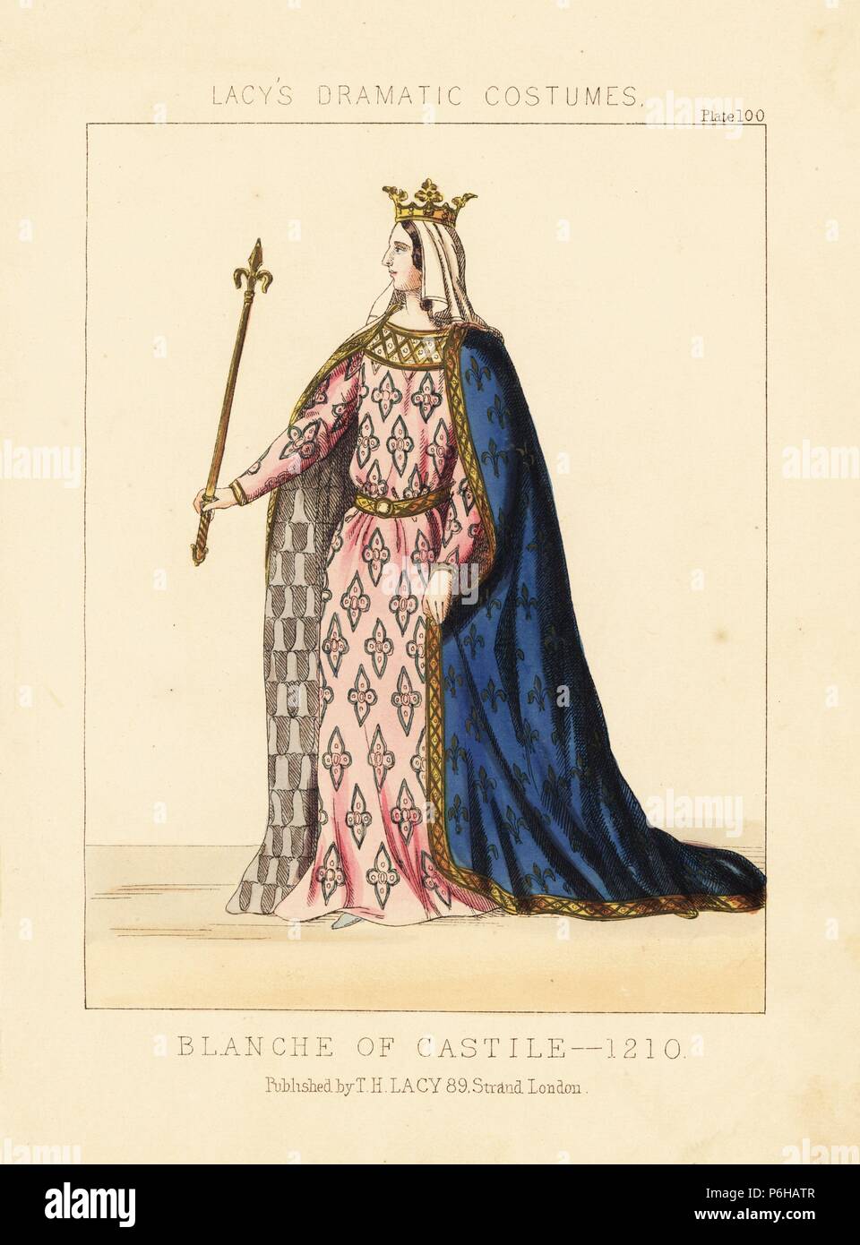Blanche of Castile, 1210. She wears a crown, veil, gold-bordered blue cape  with fleurs de lys, pink robe, girdle, and holds a sceptre. Handcoloured  lithograph from Thomas Hailes Lacy's "Female Costumes Historical,