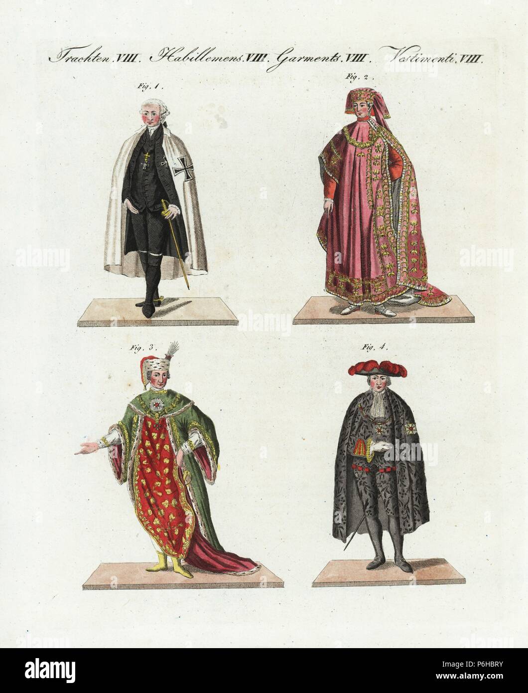 Orders of Chivalry: Teutonic Knight 1, Order of the Golden Fleece 2, Royal Hungarian Order of St. Stephen 3, Bavarian Order of St. Hubert 4. Handcoloured copperplate engraving from Bertuch's 'Bilderbuch fur Kinder' (Picture Book for Children), Weimar, 1805. Friedrich Johann Bertuch (1747-1822) was a German publisher and man of arts most famous for his 12-volume encyclopedia for children illustrated with 1,200 engraved plates on natural history, science, costume, mythology, etc., published from 1790-1830. Stock Photo