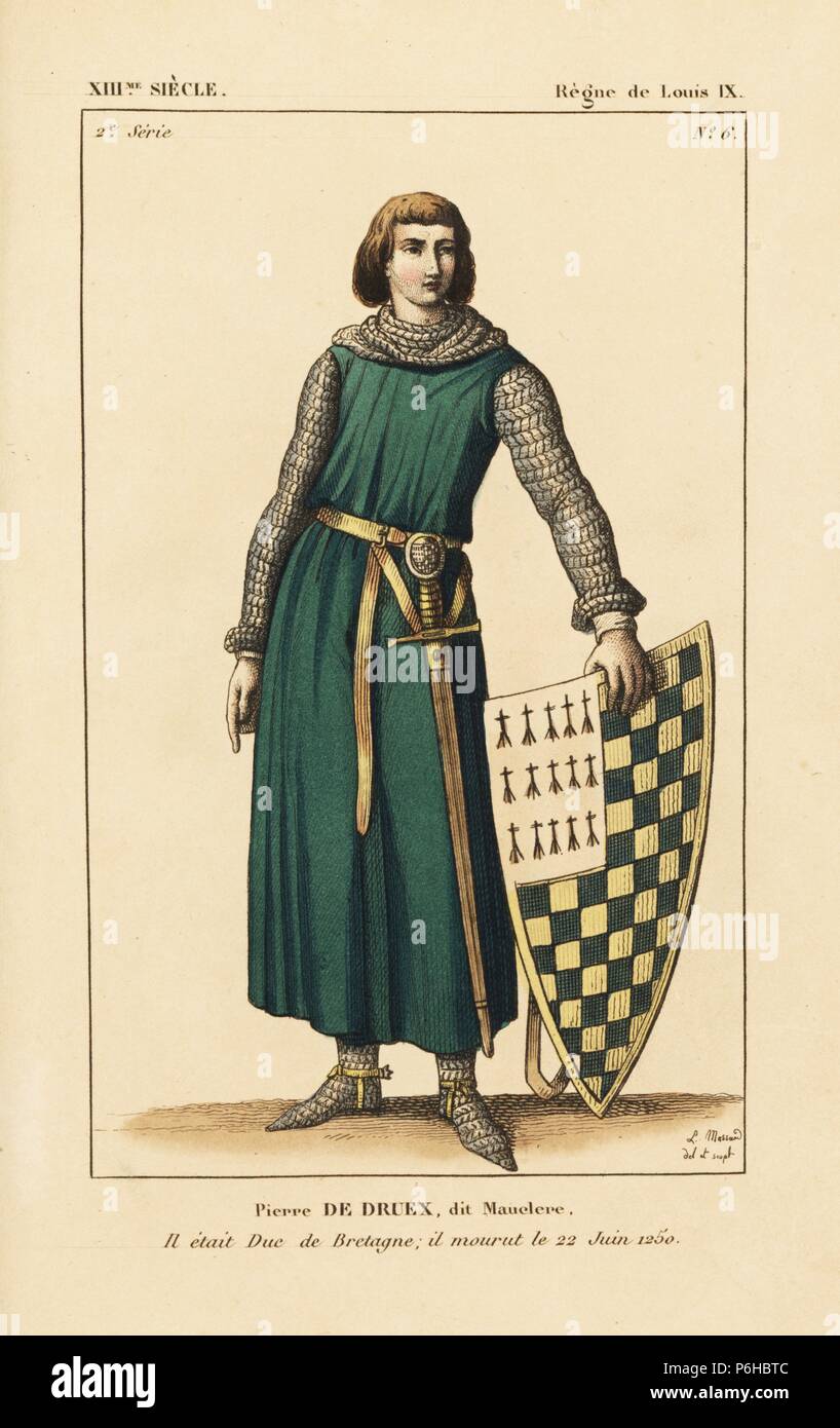 Pierre Mauclerc de Dreux or Peter I, Duke of Brittany, died 1250. He wears a full suit of chainmail, sleeveless tunic, spurs, belt and sword. He was the first duke of Burgundy to show his blazon (coat of arms) on his escutcheon (his father's checkered silver and blue field, quarter ermine). Handcoloured copperplate drawn and engraved by Leopold Massard from 'French Costumes from King Clovis to Our Days,' Massard, Mifliez, Paris, 1834. Stock Photo