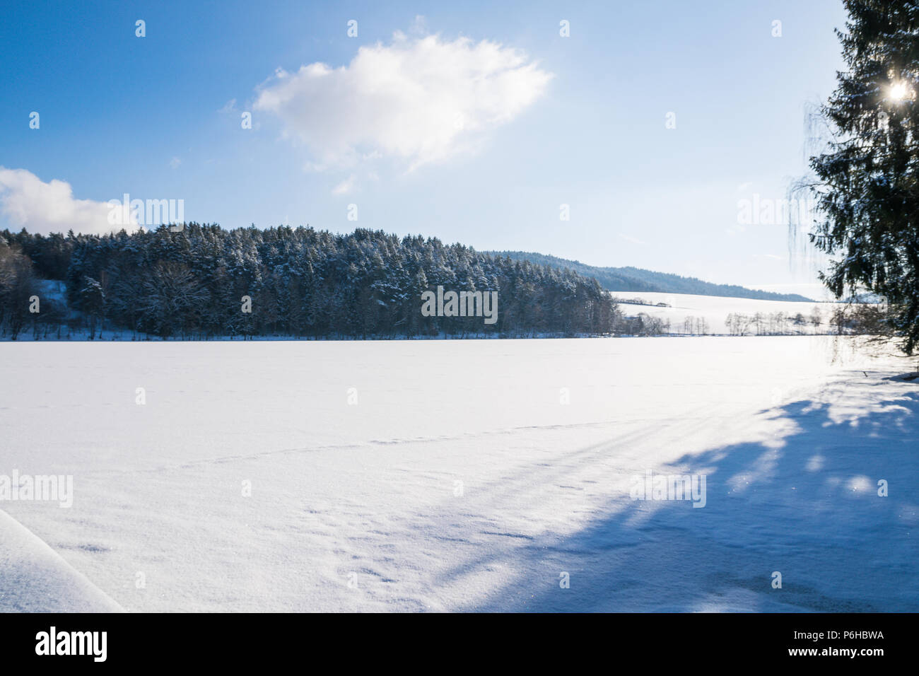 Frozen Lake with sun on the sky in the winter in the bavarian forest Stock Photo