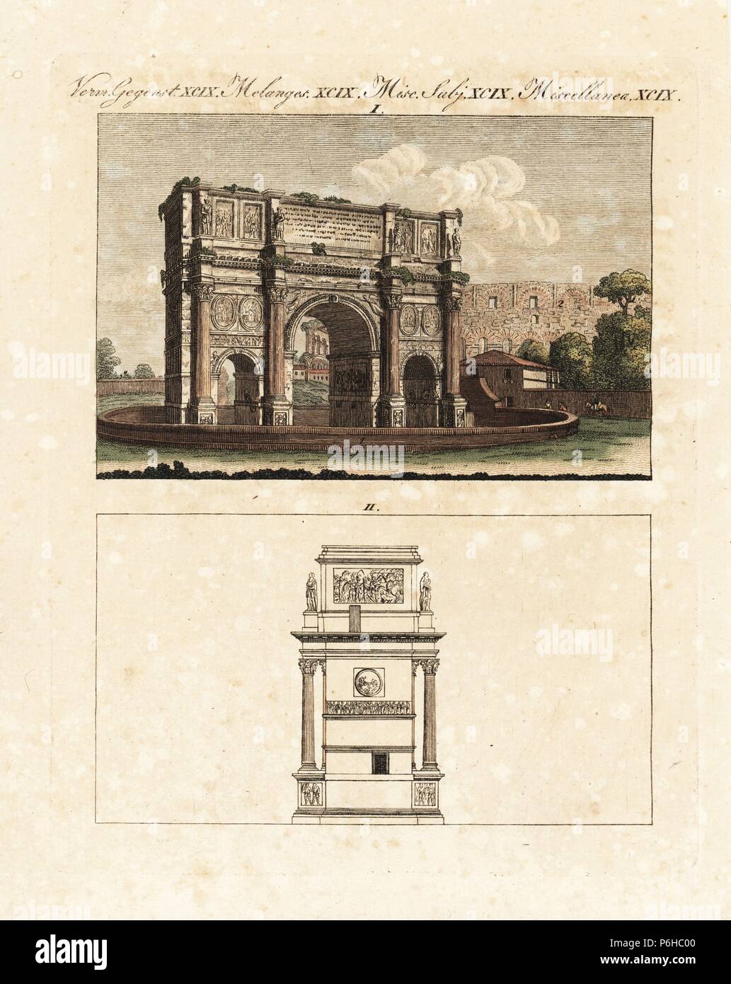 Arch of Constantine, triumphal arch in Rome. Built in 312 to commemorate his victory over Maxentius. Handcoloured copperplate engraving from Bertuch's 'Bilderbuch fur Kinder' (Picture Book for Children), Weimar, 1807. Friedrich Johann Bertuch (1747-1822) was a German publisher and man of arts most famous for his 12-volume encyclopedia for children illustrated with 1,200 engraved plates on natural history, science, costume, mythology, etc., published from 1790-1830. Stock Photo