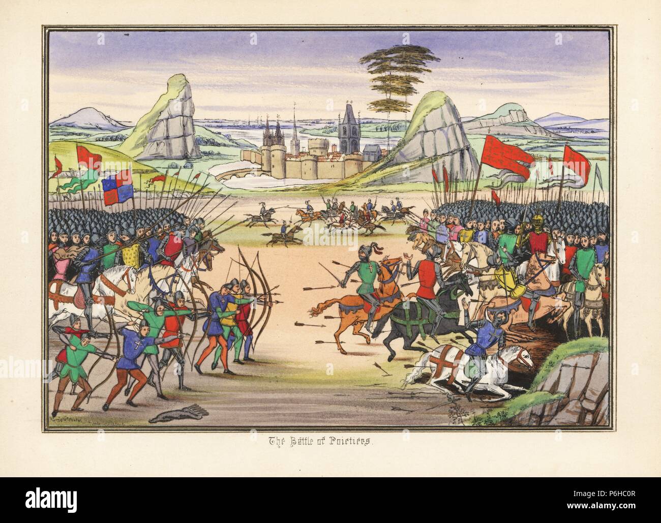 Battle of Poitiers, 1356, between the English under Edward the Black Prince and the French under King Jean II. The miniature depicts the English archers aiming at the horses of the French cavalry. Handcoloured lithograph after an illuminated manuscript from Sir John Froissart's 'Chronicles of England, France, Spain and the Adjoining Countries, from the Latter Part of the Reign of Edward II to the Coronation of Henry IV,' George Routledge, London, 1868. Stock Photo