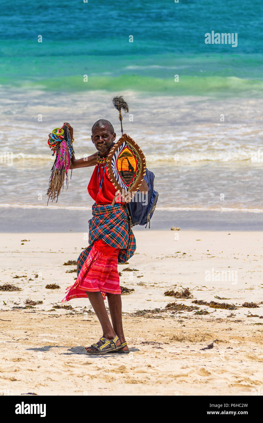Diani Beach, Mombasa, Kenya - 10.30.2017: Single black kenyan male
