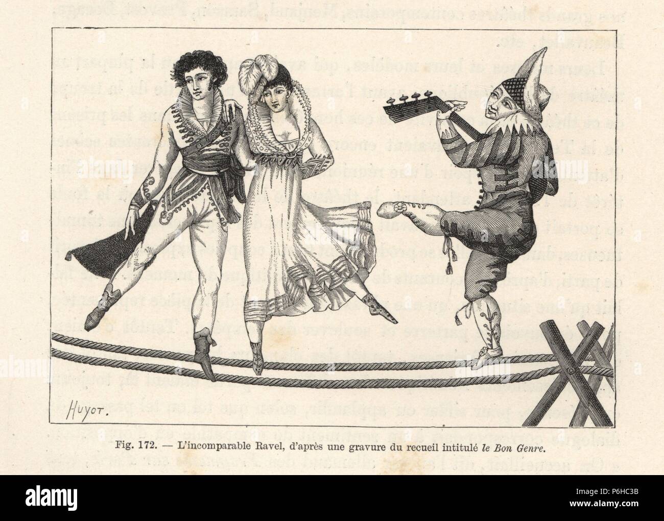 The incomparable Ravel, a guitar-playing French tightrope artist from the early 19th century, with two dancers on thick ropes. Woodcut by Huyot from Paul Lacroix's 'Directoire, Consulat et Empire,' Paris, 1884. Stock Photo
