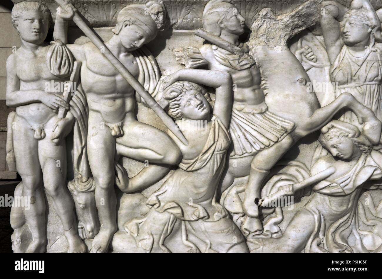 Amazon sarcophagus. Marble. Tel Mevorah. Roman Period. Early 3rd century AD. Detail. Batlle between the Amazons and the Greeks. Relief. Rockefeller Archaeological Museum. Jerusalem. Israel. Stock Photo