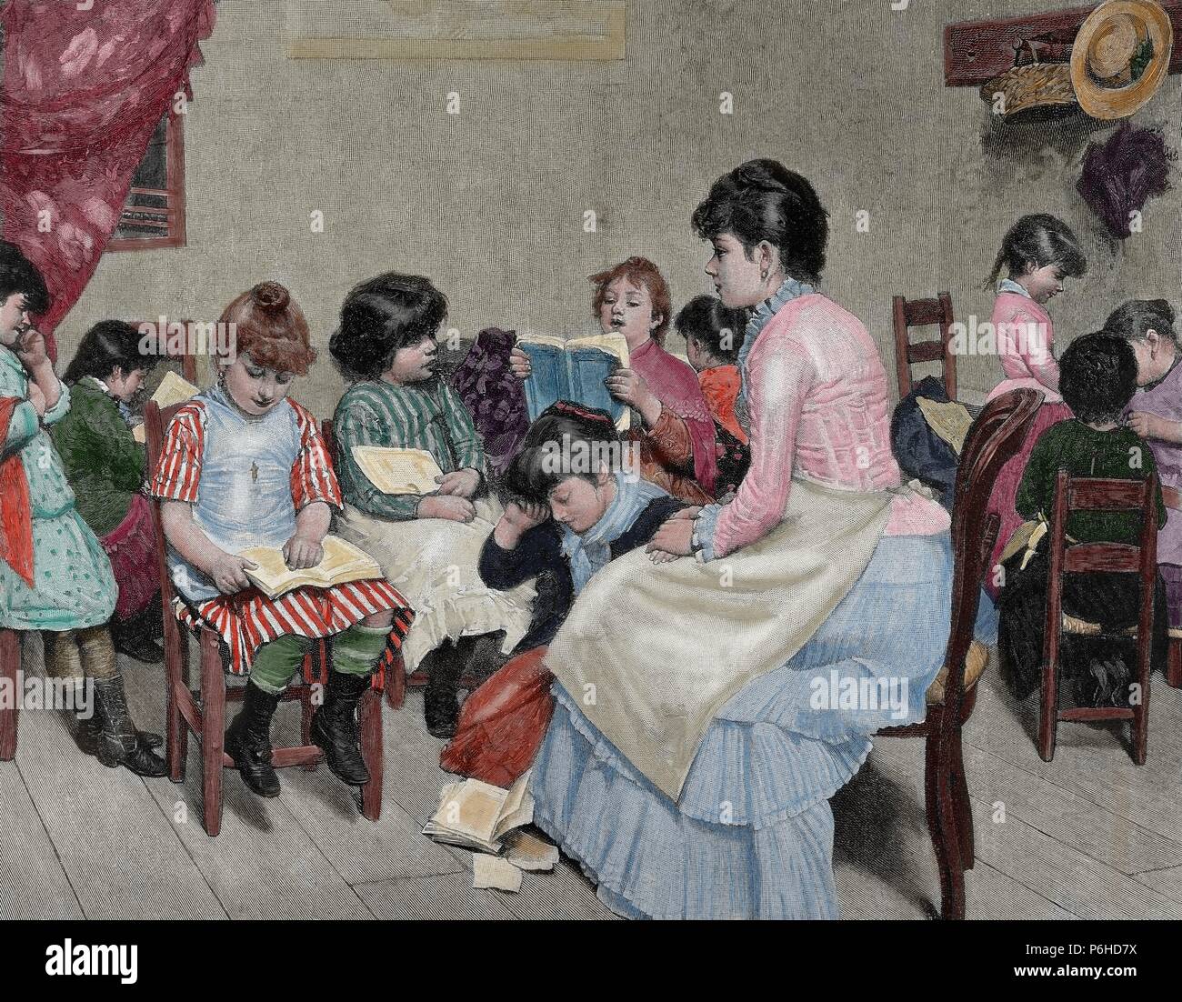 Girls' school. Engraving, 19th century. \, image size:1300x1102