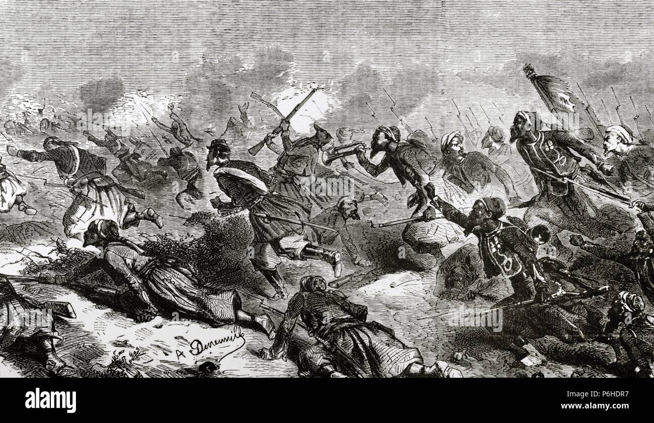 Turkish troops. Battle of Turbigo (Italy) (3 june 1859). Battle of the Second Italian War of Independence. Franco-Piedmontese troops crossed the Ticino. Engraving by Dumont. El Album de las Familias, 1859. Stock Photo