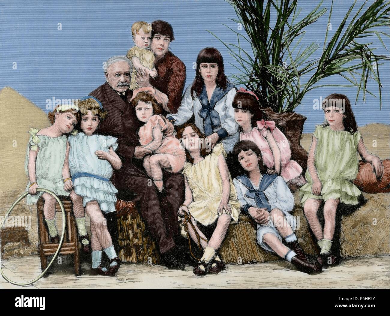 Ferdinand de Lesseps (1805-1894). French diplomat and entrepreneur. Lesseps with his family. Engraving in The Artistic Illustration, 1886. Colored. Stock Photo