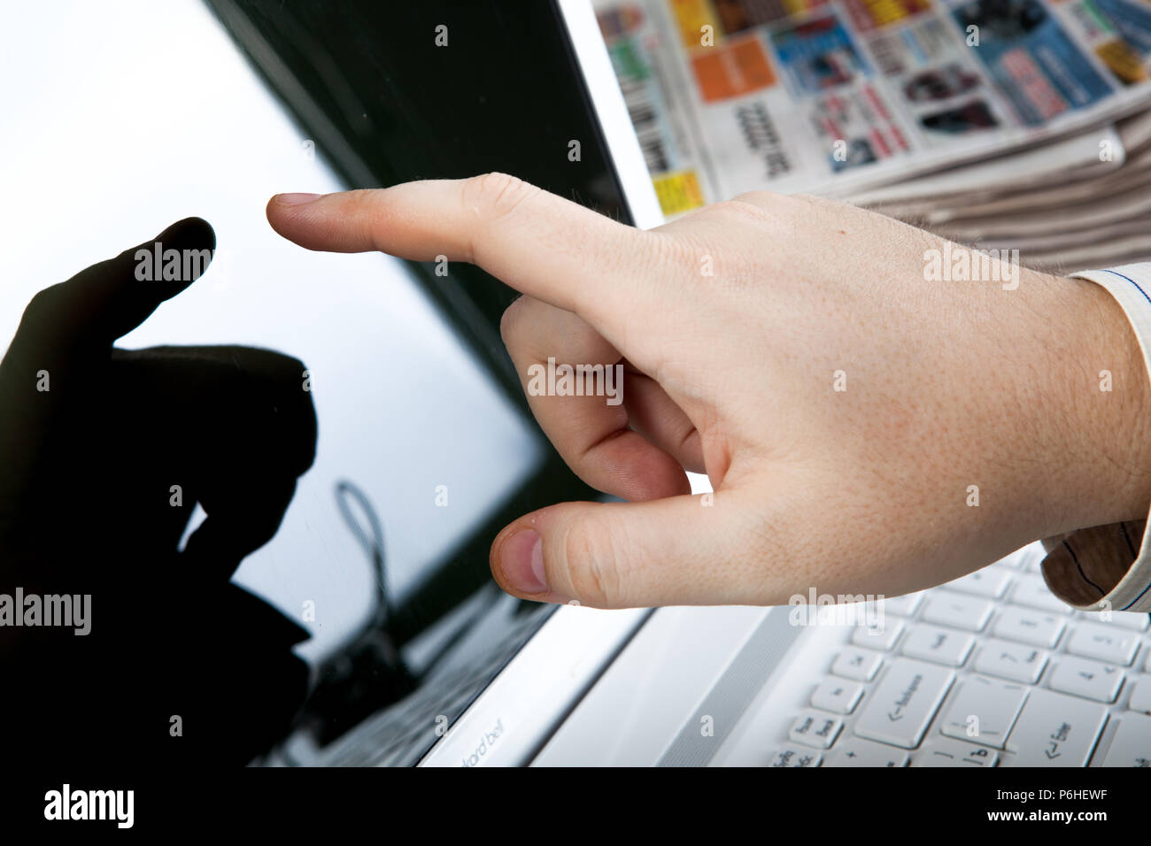 human touching on the Tablet PC close-up Stock Photo
