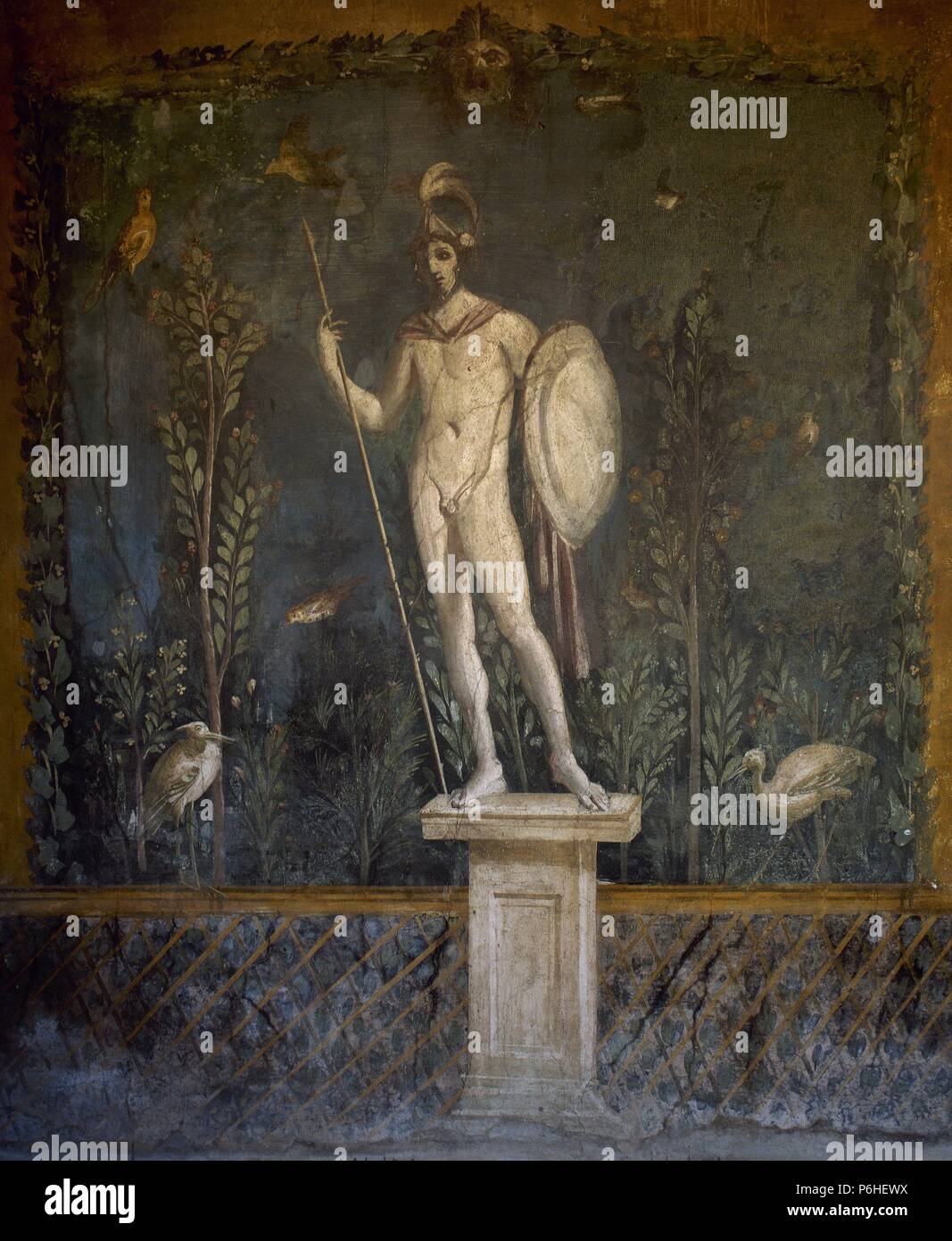 MARTE (el 'ARES' griego). Dios de la guerra. Fresco pompeyano del siglo I d. C. donde se representa a MARTE CON LAS ARMAS Y CASCO. Decoraba los muros del jardín de la 'CASA DE VENUS'. POMPEYA. La Campania. Italia. Stock Photo