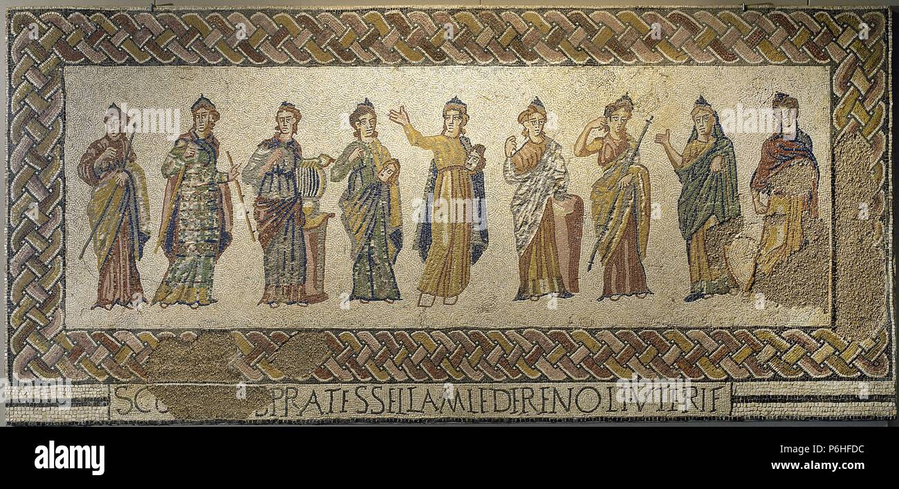 Roman mosaic of the Muses. From left to right: Calliope, Euterpe, Erato, Thalia, Melpomene, Clio, Polyhymnia, Urania, Terpsichore. 3rd-4th century AD. From Torre de Palma. National Archaeology Museum of Lisbon. Portugal. Stock Photo