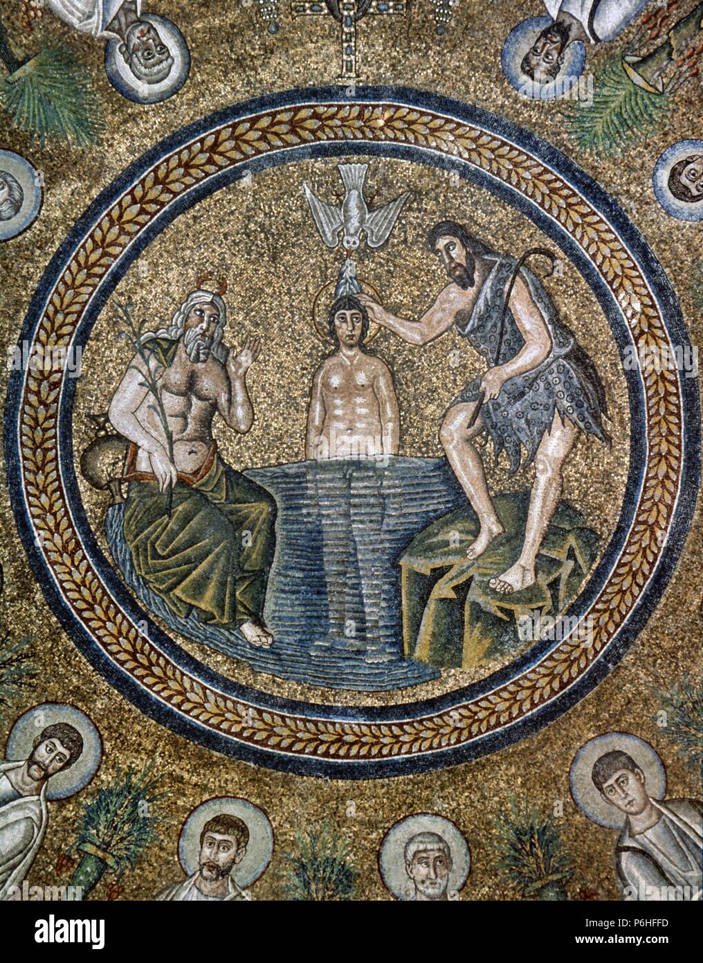 Italy. Ravenna. Arian Baptistry. Erected by the Ostrogothic King Theodoric the Great. Ceiling Mosaic. Baptism of Jesus by Saint John the Baptist. 6th century. Stock Photo