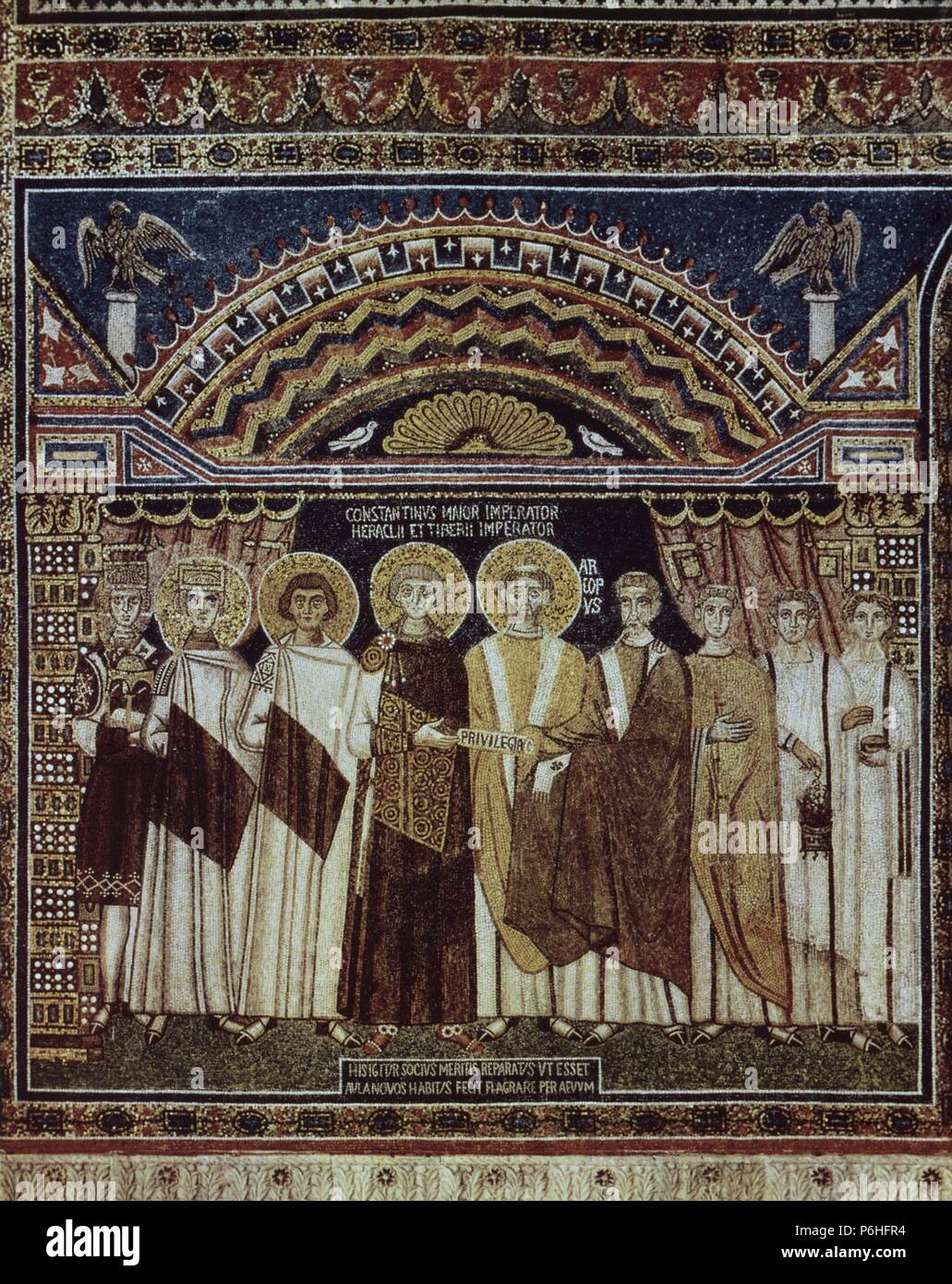 Constantine IV (652-685). Byzantine Emperor from and his retinue granting privilege to the Ravennate church. Mosaic. Basilica of Sant'Apollinare in Classe. Ravenna. Italy. Stock Photo