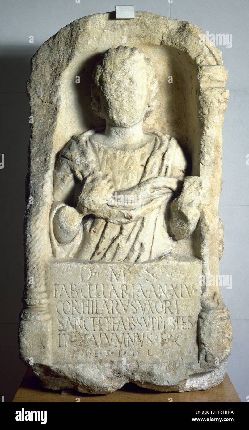 Roman art. Spain. Funerary monument to Fabia Cellaria. 2nd century AD. From Merida, Extremadura. Archaeological Museum of Catalonia. Barcelona. Stock Photo