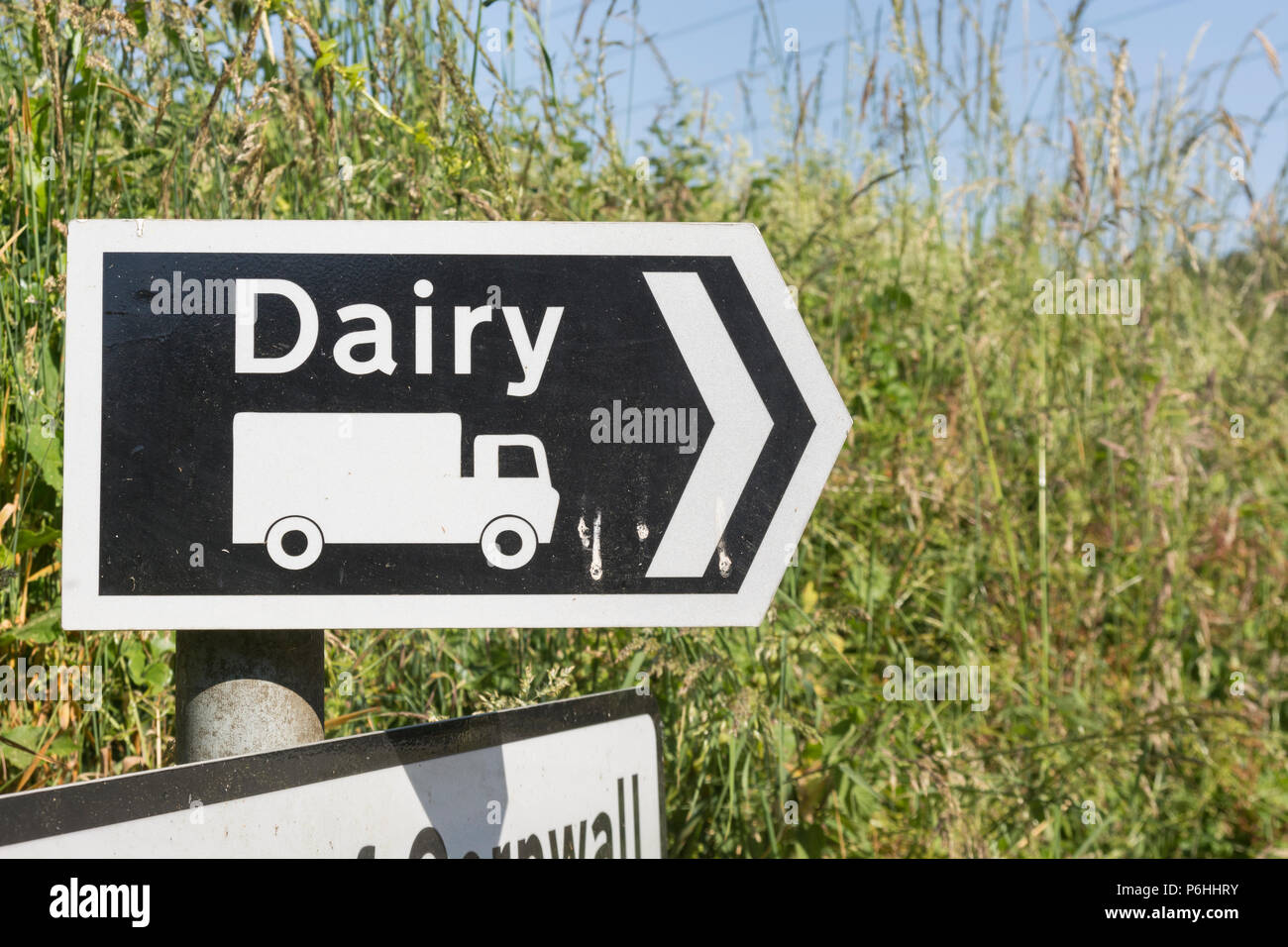 Sign to a dairy on a rural country road. Metaphor for the British Dairy industry, and UK milk production. Stock Photo