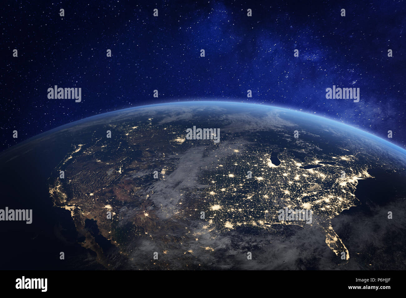 North America at night viewed from space with city lights showing human activity in United States (USA), Canada and Mexico, New York, California, 3d r Stock Photo