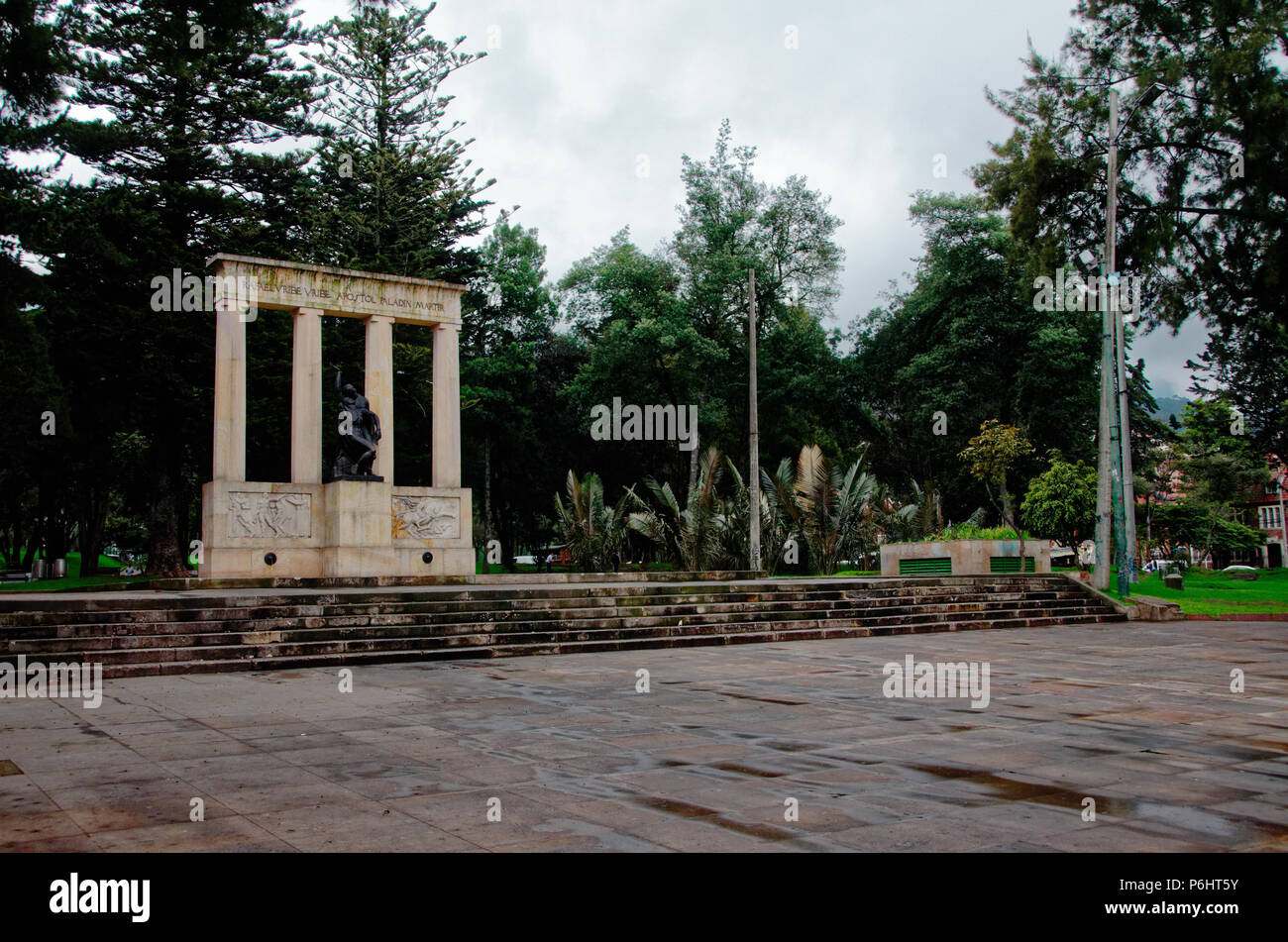 Statue surrounded by concrete pillars at the Parque Nacional, Bogota, Colombia Stock Photo