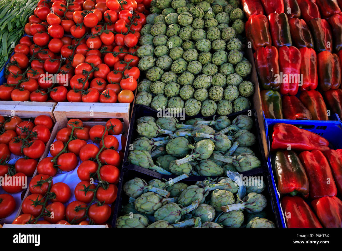 Display of fruits and vegetables at a weekend market at Alcala De