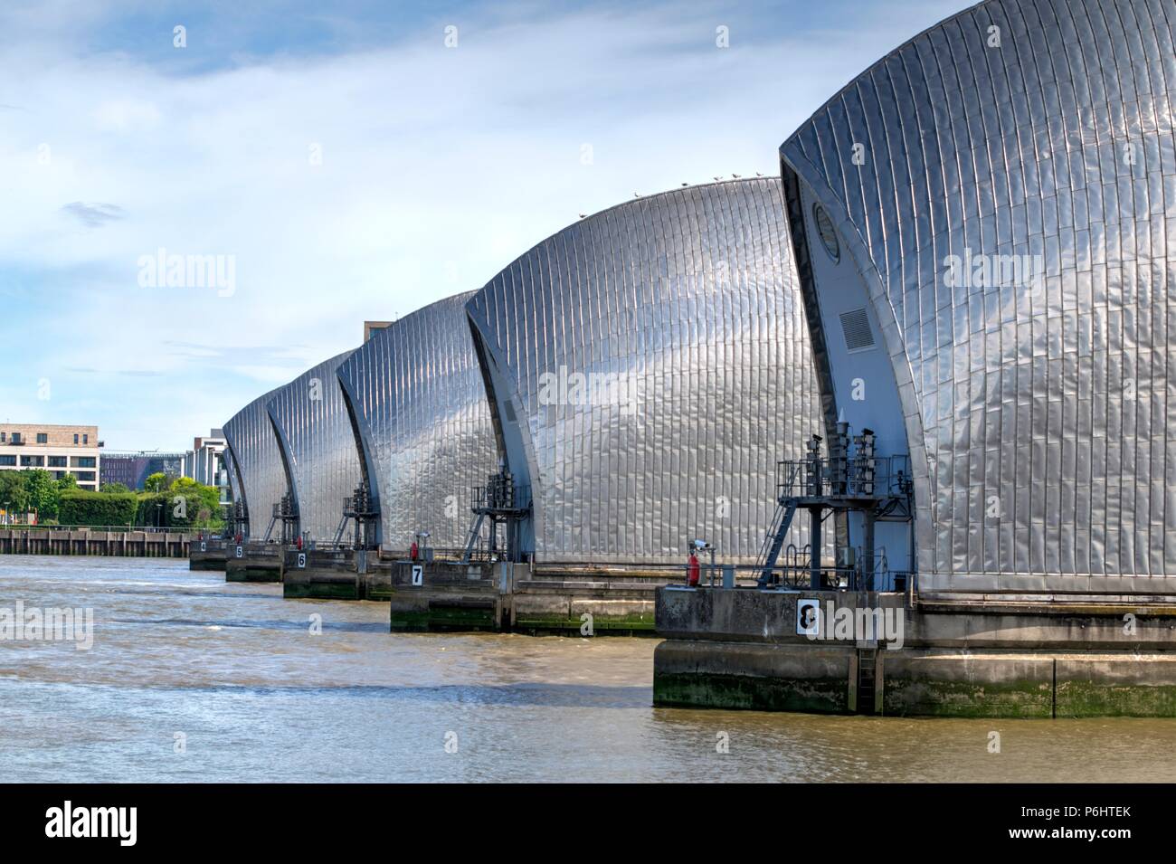 London, United Kingdom - June 23, 2018: Thames Barrier in Woolwich, London, United Kingdom viewed from upstream Stock Photo
