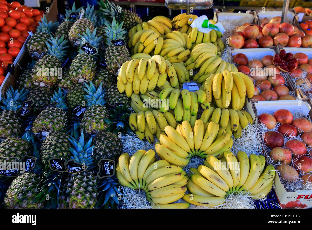 Display of fruits and vegetables at a weekend market at Alcala De