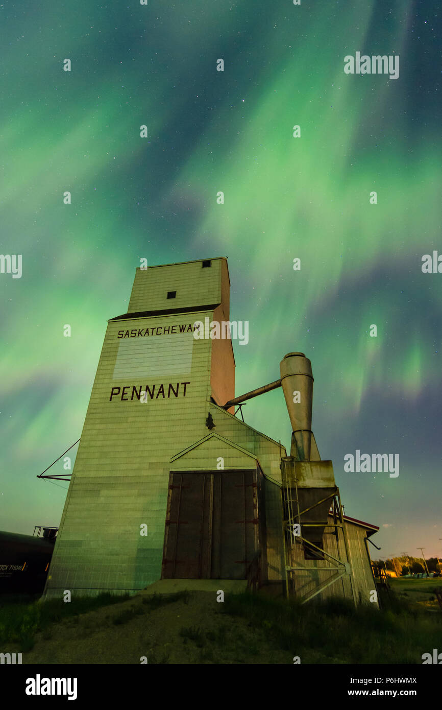 Aurora Borealis over a historic grain elevator in Pennant, Saskatchewan