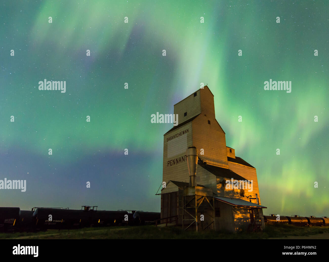 Aurora Borealis over a historic grain elevator in Pennant, Saskatchewan