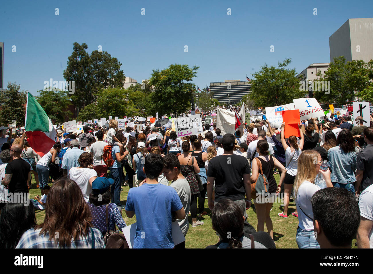 Protestors at the Families Together March and Rally in Downtown LA protesting the Trump administration policy of separating immigrant families. Stock Photo