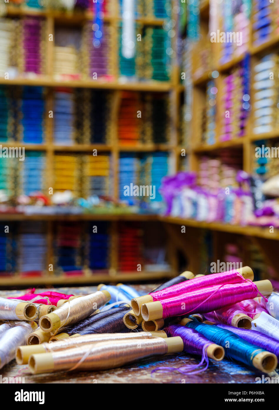 CHEFCHAOUEN, MOROCCO - CIRCA APRIL 2017:  Shop selling silk thread spools in Chefcahouen Stock Photo