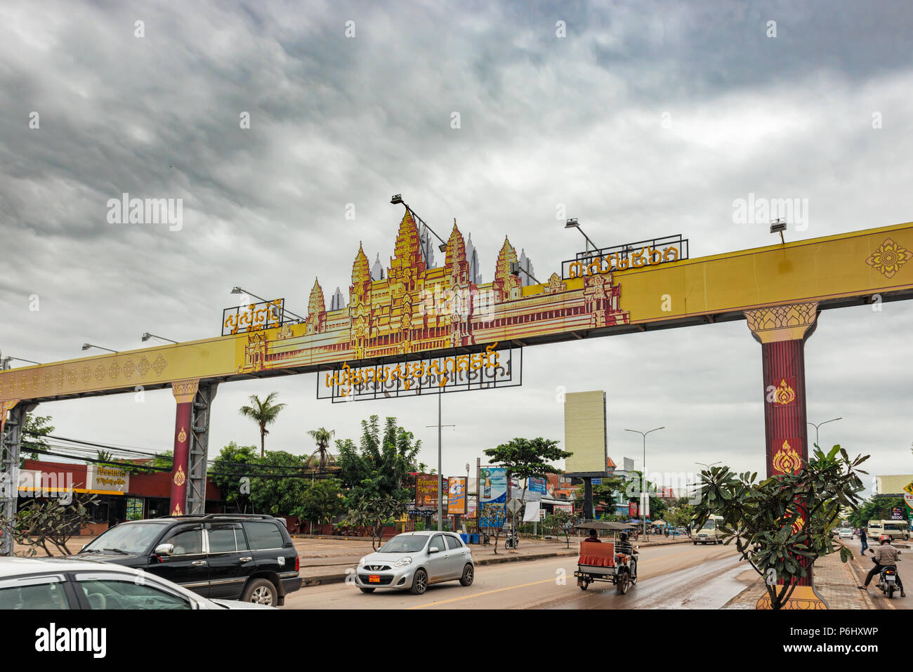 Siem Reap, Cambodia - November 19, 2017:  Angkor Wat picture hanging over one of the main roads in Siem Reap, Cambodia Stock Photo