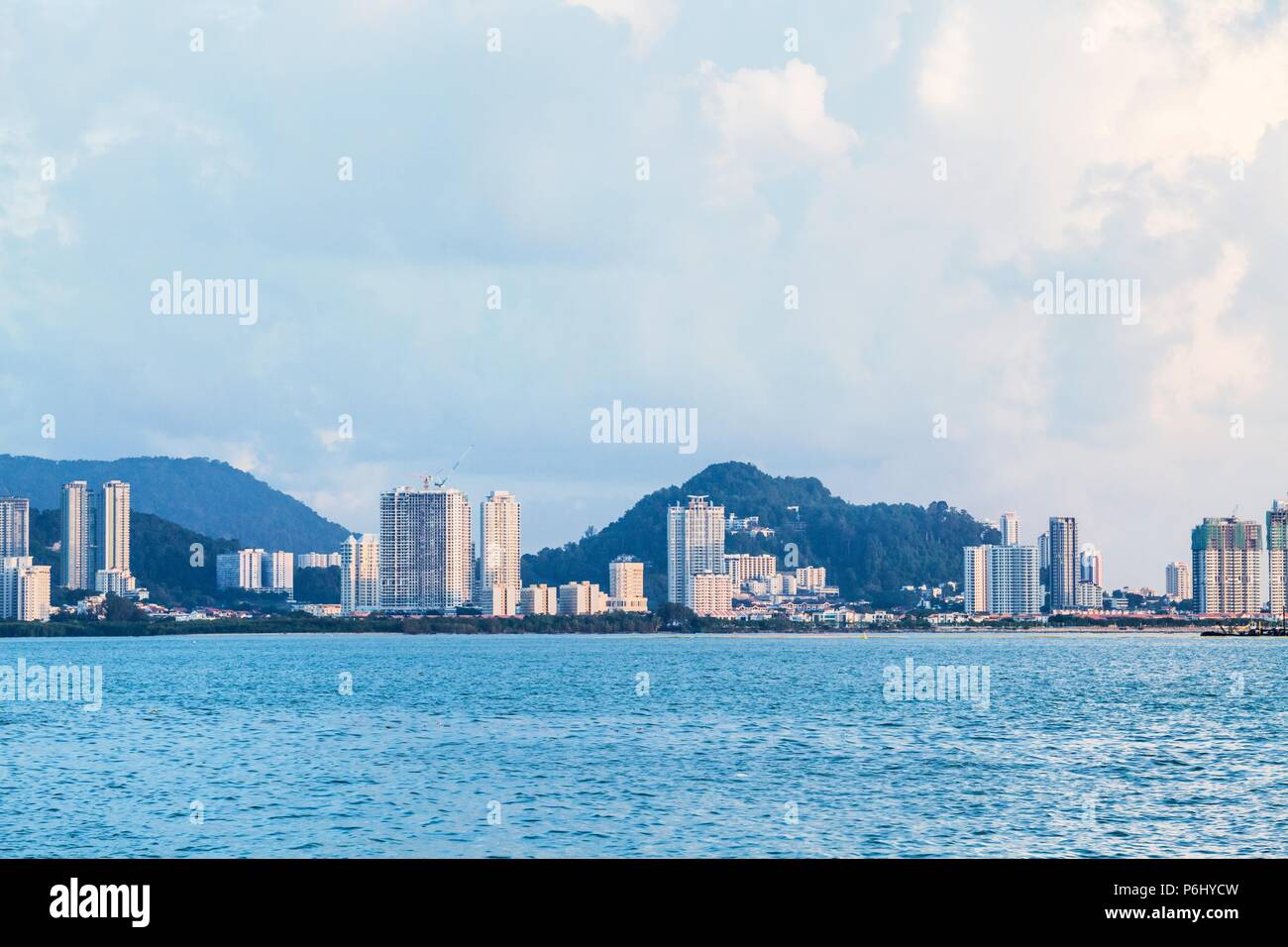 Tanjung Bungah skyscraper view with mountain and sea, Penang Malaysia