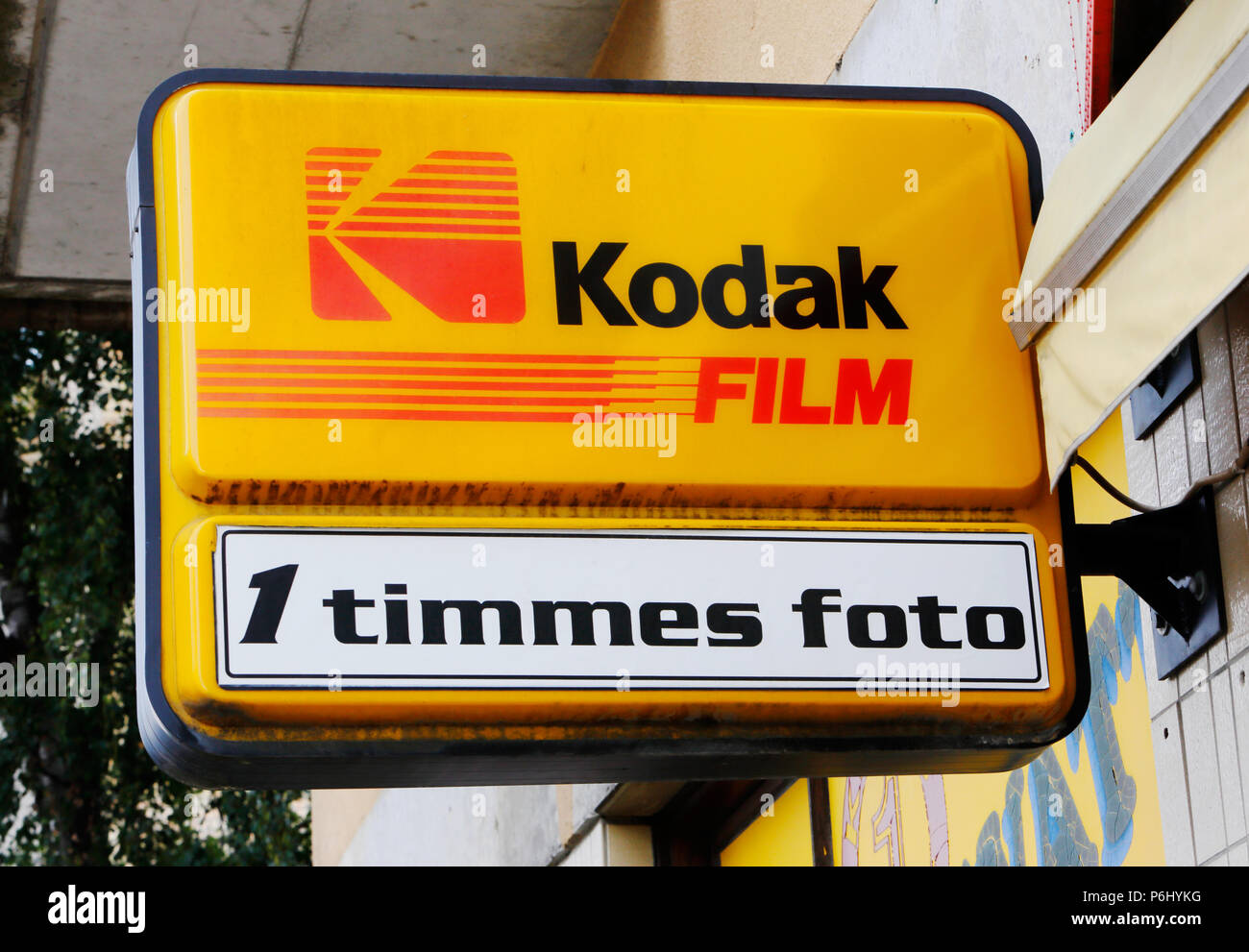 Sundbyberg, Sweden - July 26, 2017: Sign outside a photo shop with one hour film development service. Stock Photo