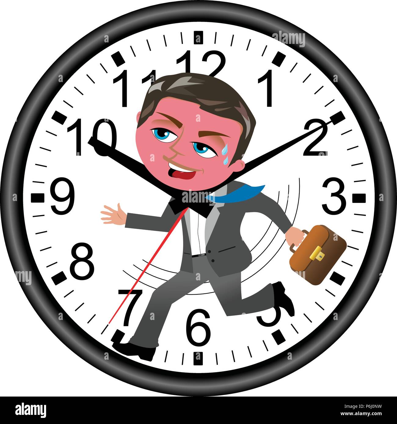 Red faced businessman running against time in a wall clock isolated on