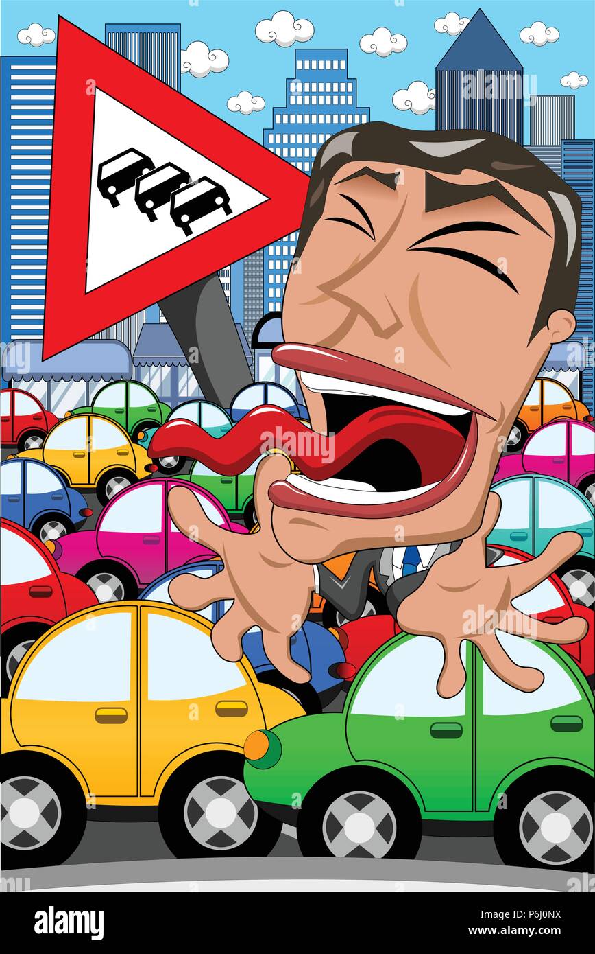 Caricature Businessman Screaming Traffic Jam Stock Vector