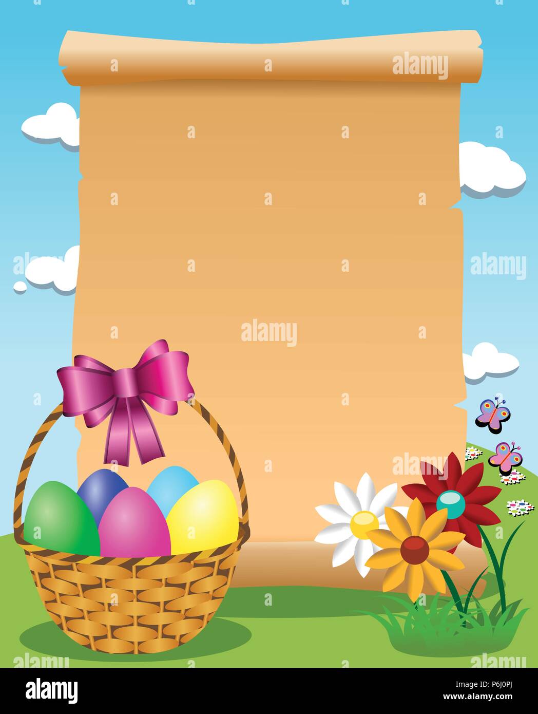 Blank parchment outdoor and Easter basket filled with colored eggs Stock Vector