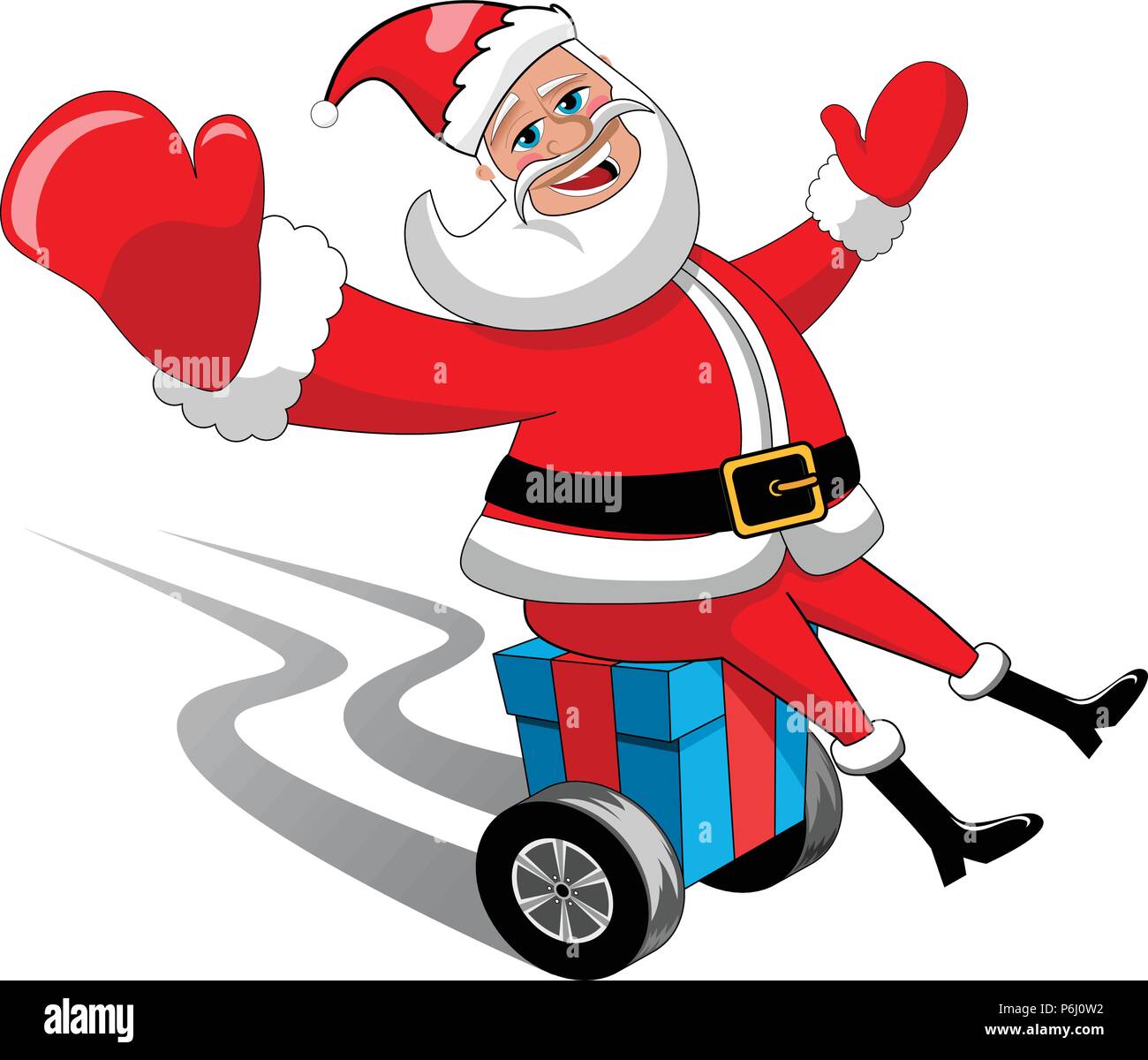 Santa Claus traveling on gift with wheels isolated Stock Vector