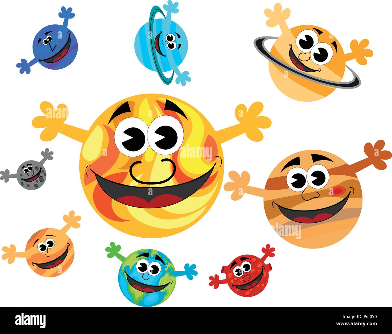 Happy funny cartoon characters planets of Solar System and the Sun with  open hands isolated Stock Vector Image & Art - Alamy